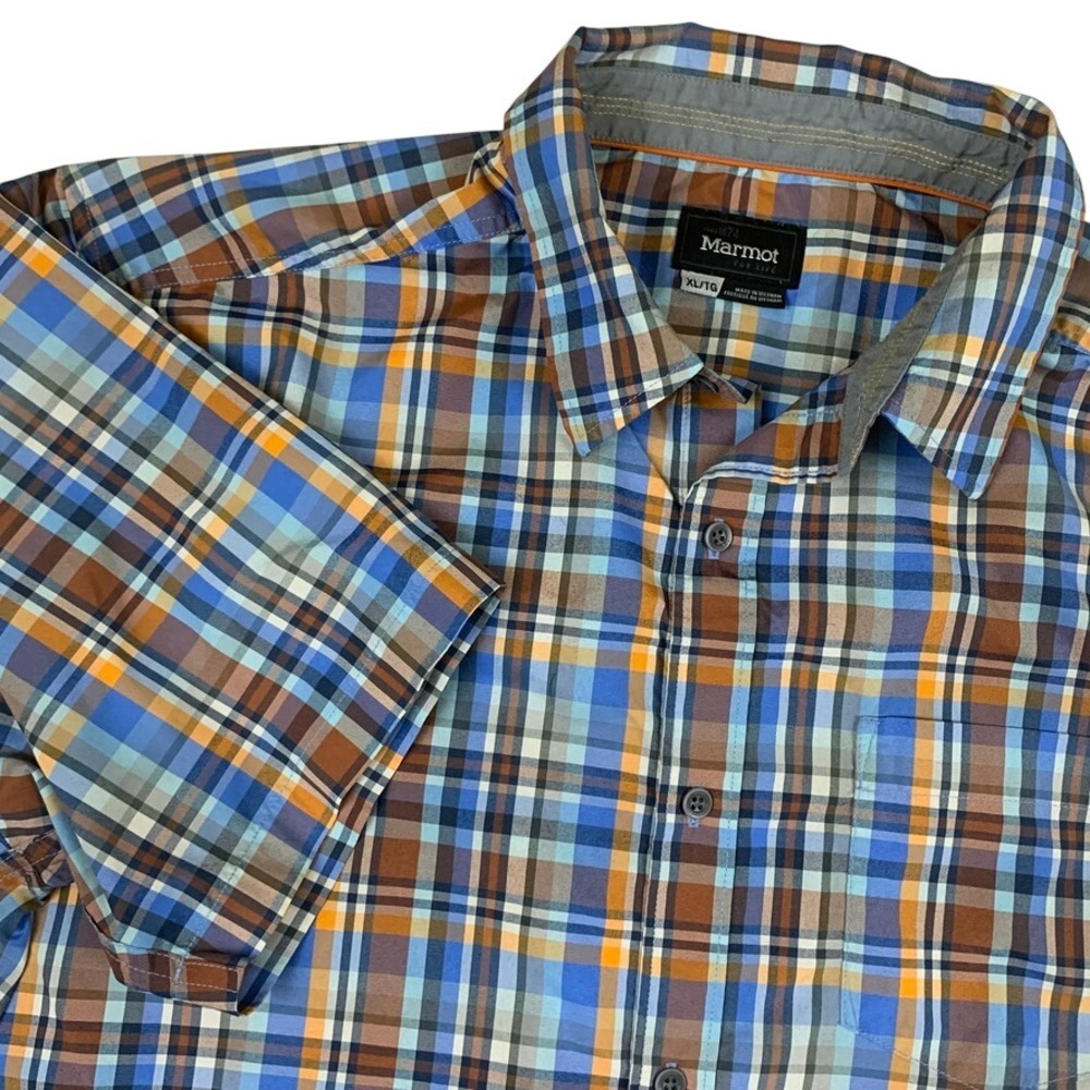 Marmot Mens XL Short Sleeve Plaid Button Up Hiking‎ Shirt Blue Orange SCC-363